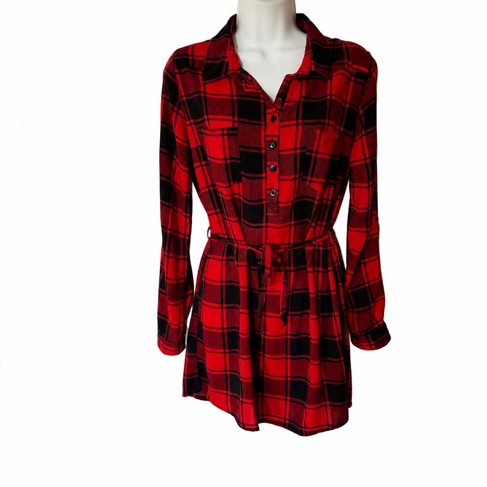 Just Divine Womens Red Black Plaid Shirt Dress Roll Tab Sleeve Size M Buffalo